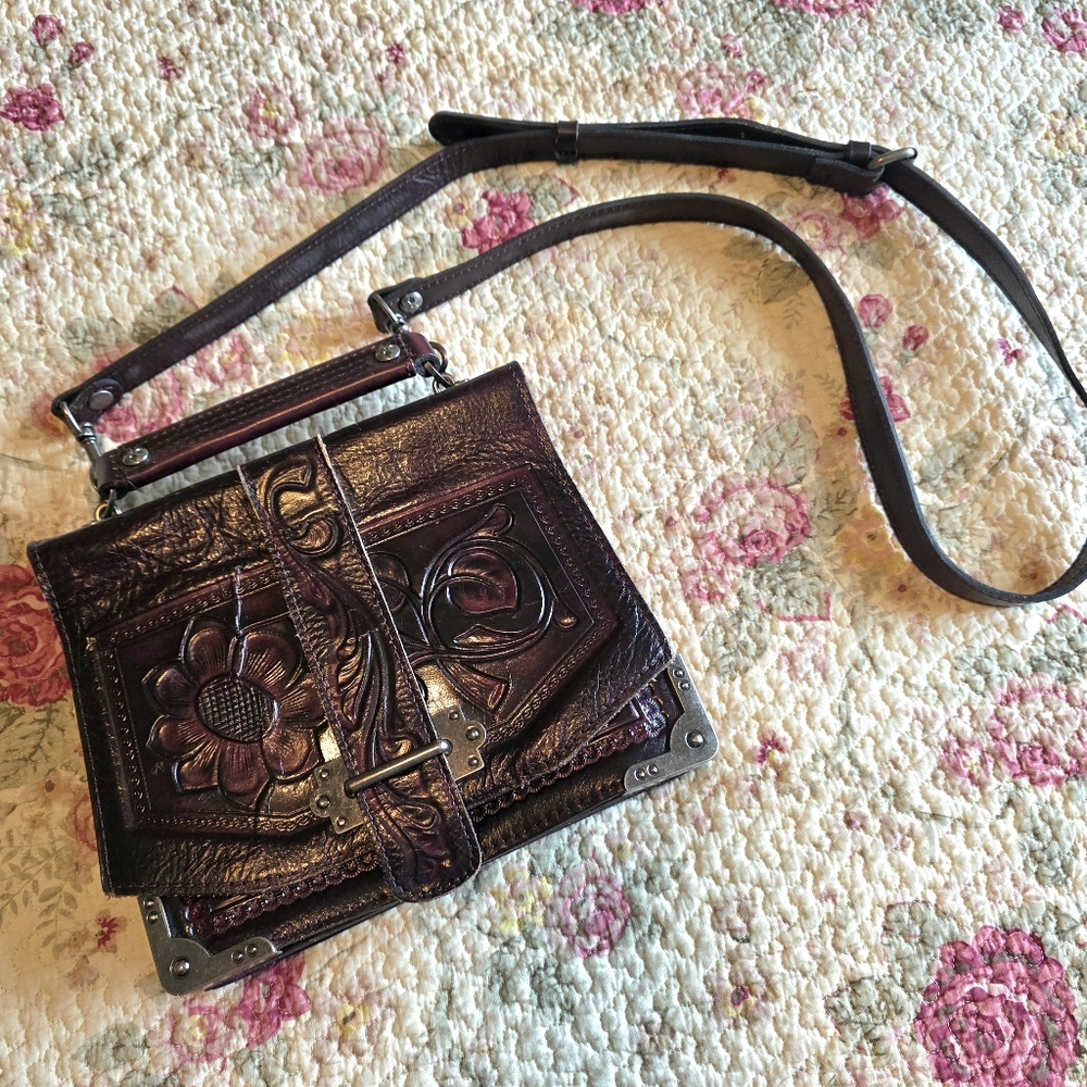 Patricia Nash Stella Flap Tooled Elegant Brown Leather Women's Bag NWOT